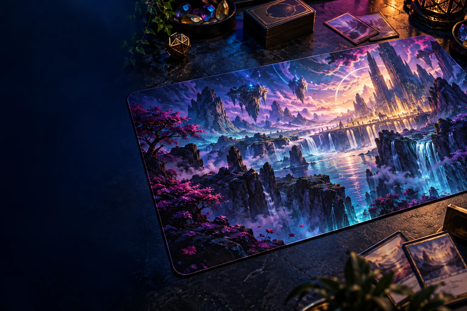 Playmat ilustrado sobre una mesa de juego