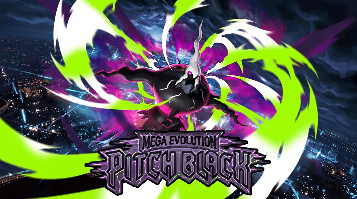 Playmat Mega Evolution Pitch Black con energía verde y púrpura